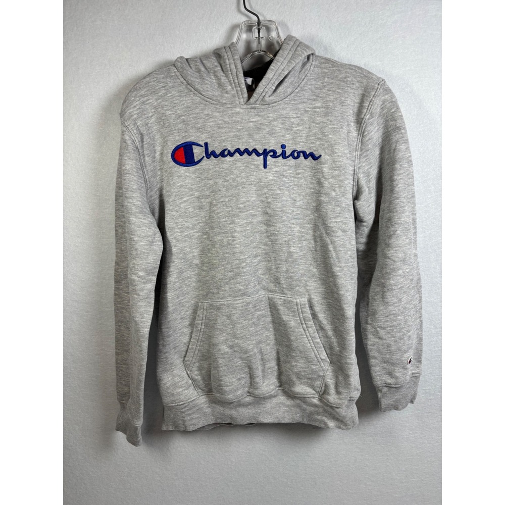 Champion Hoodie Kids Size L 14/16 Gray Cotton Blend Pullover Script Logo Classic